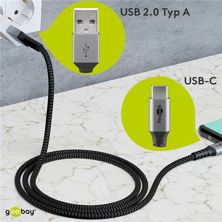 câble de recharge USB-A vers USB-C textile extra robuste 0.5m nr