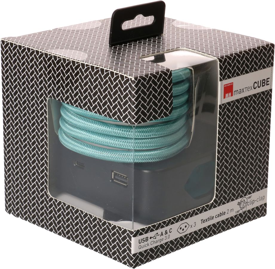 multiprise Cube 3x type 13 noir / turquoise USB 2m clip-clap