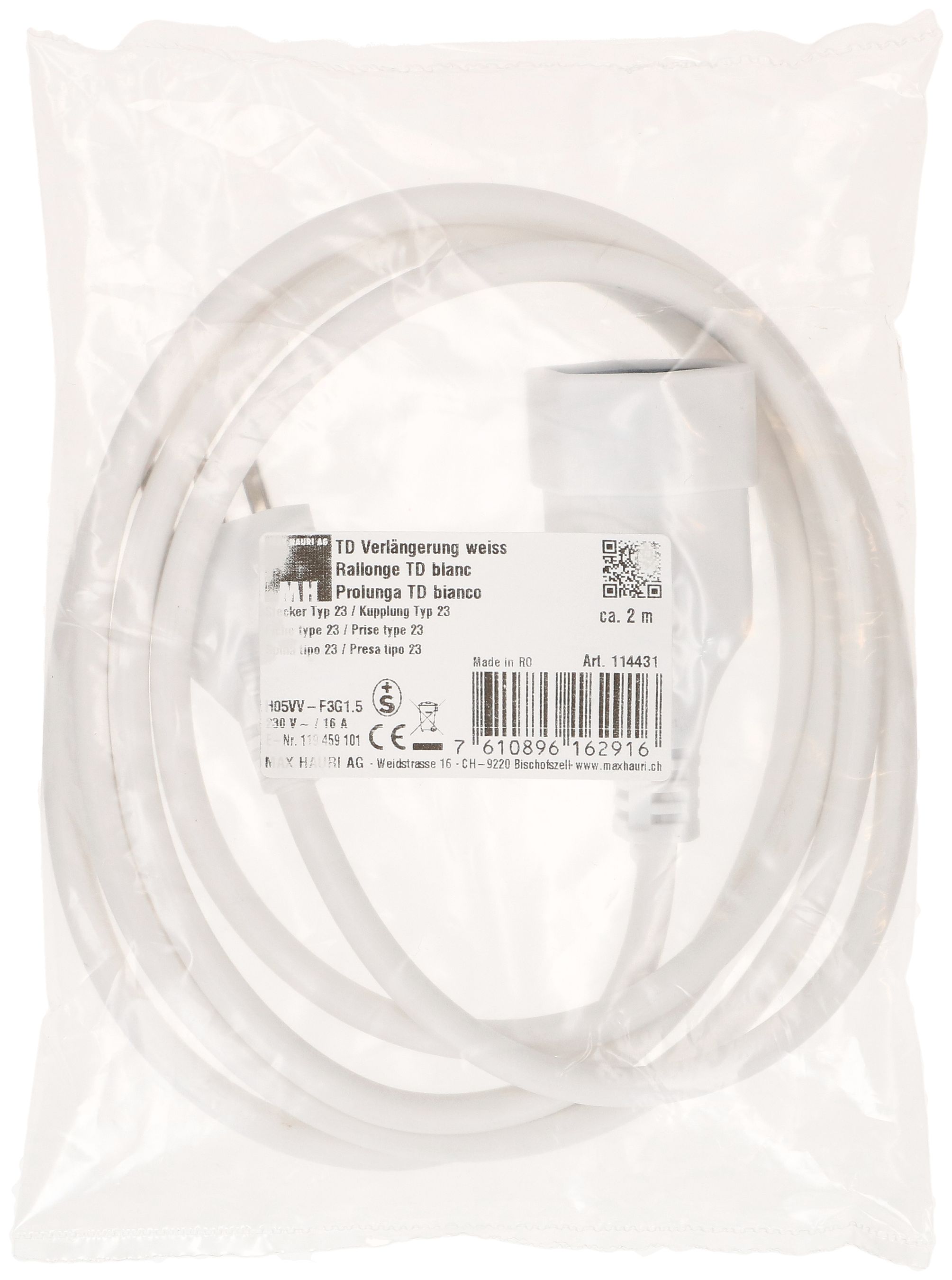 Rallonge TD H05VV-F3G1.5 2m blanc type 23 / type 23