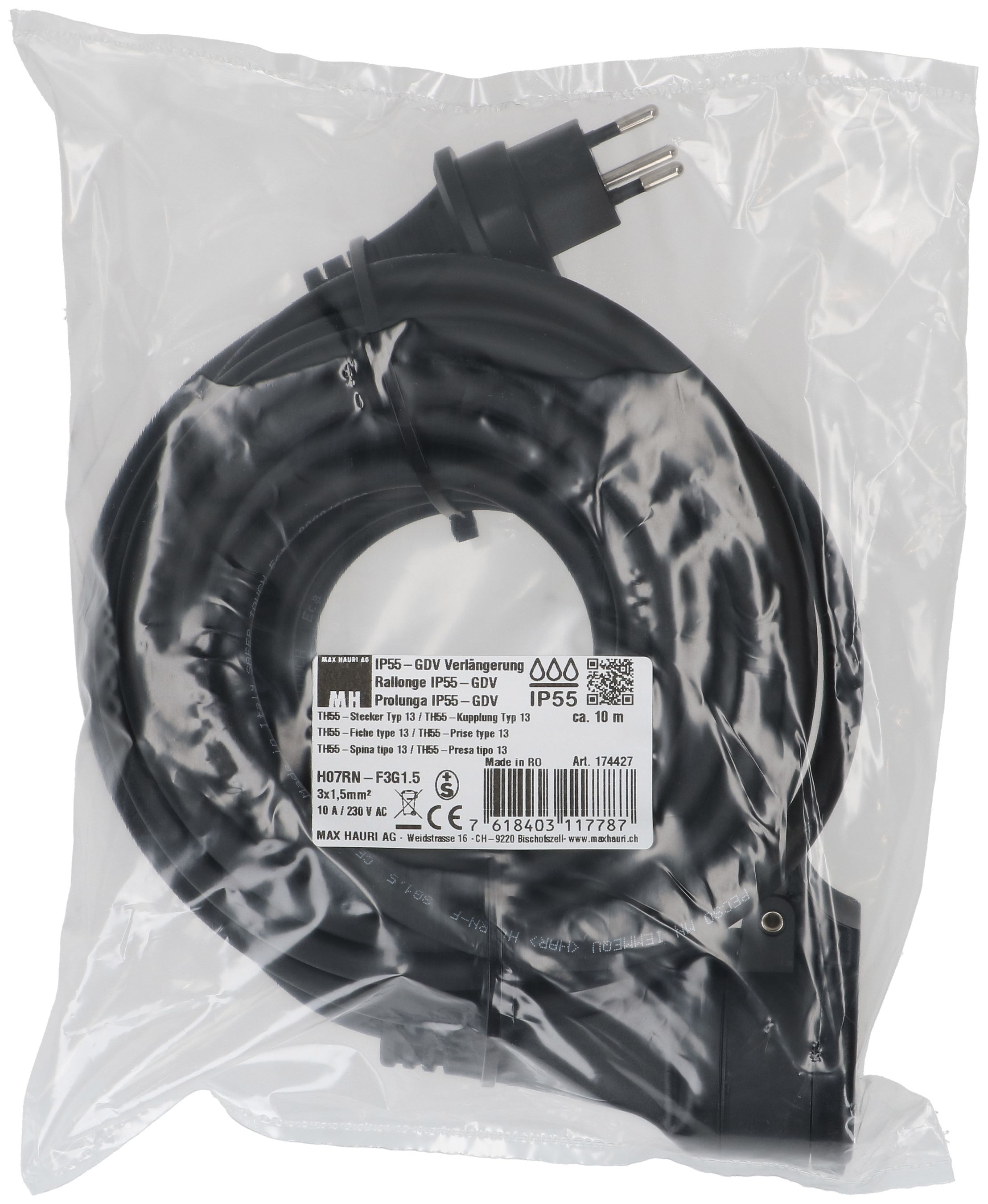IP55 rallonge GDV H07RN-F3G1.5 10m noir type 13 / type 13