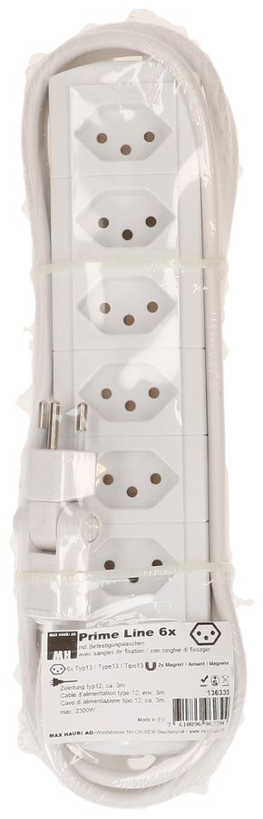multiprise Prime Line 6x type 13 blanc aimant 3m clip-clap