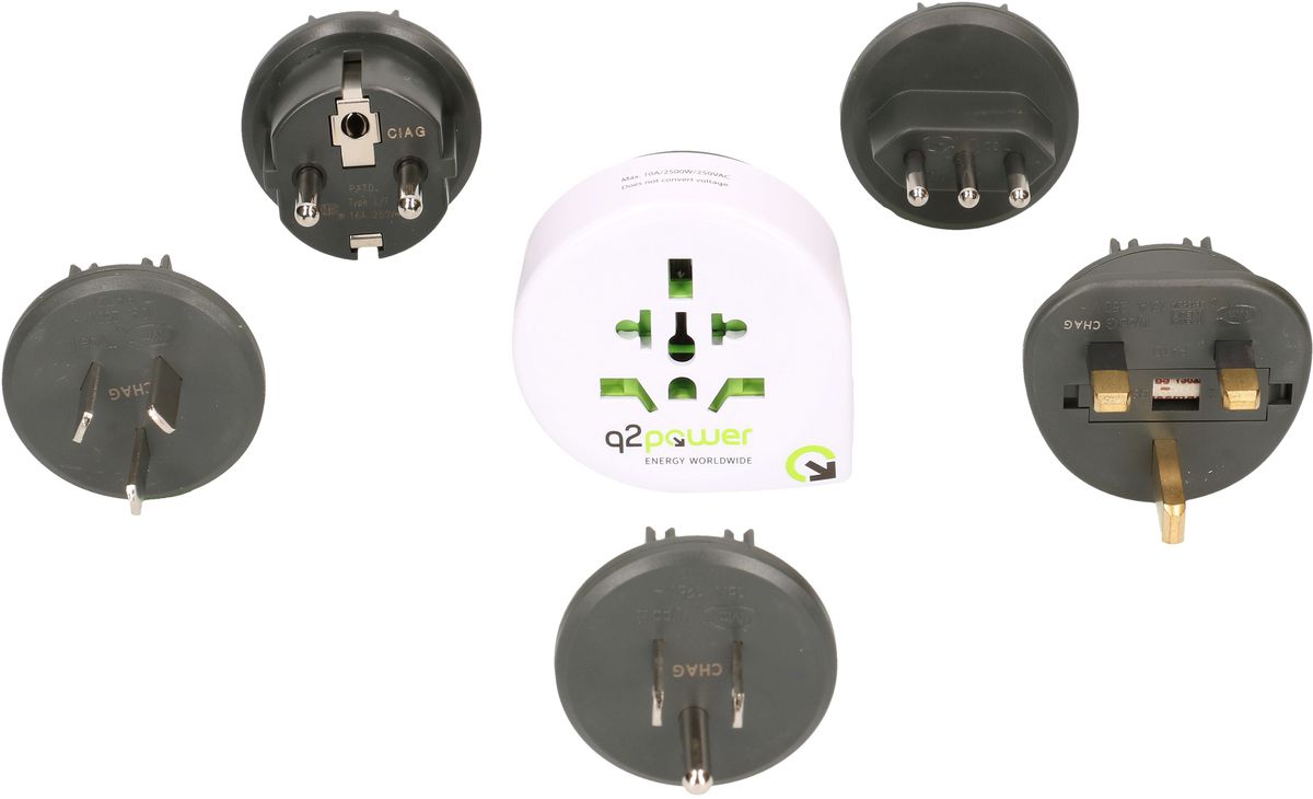Weltreiseadapter QPlux USB Wold to CN/AUS, UK, Schuko, I, USA