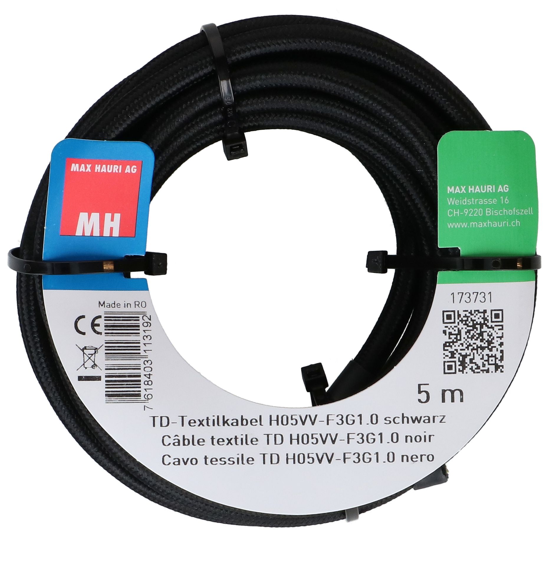 câble textile TD H05VV-F3G1.0 5m noir