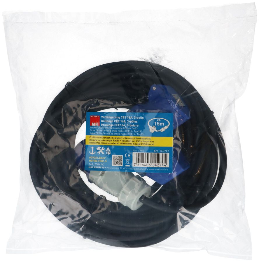 CEE-Verlängerung H07RN-F3G1.5 sw 15m IP44 3-polig CEE16 + Typ 23