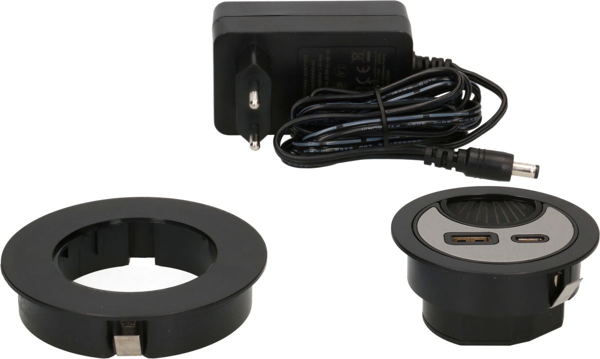 passe-câble avec USB-A et USB-C Charger noir argenté