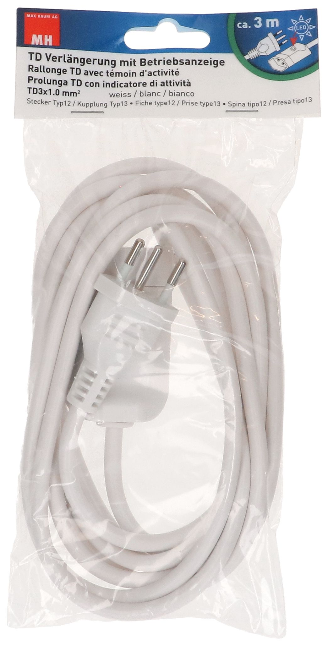 TD-Verlängerung H05VV-F3G1 3m weiss mit Betriebsanzeige