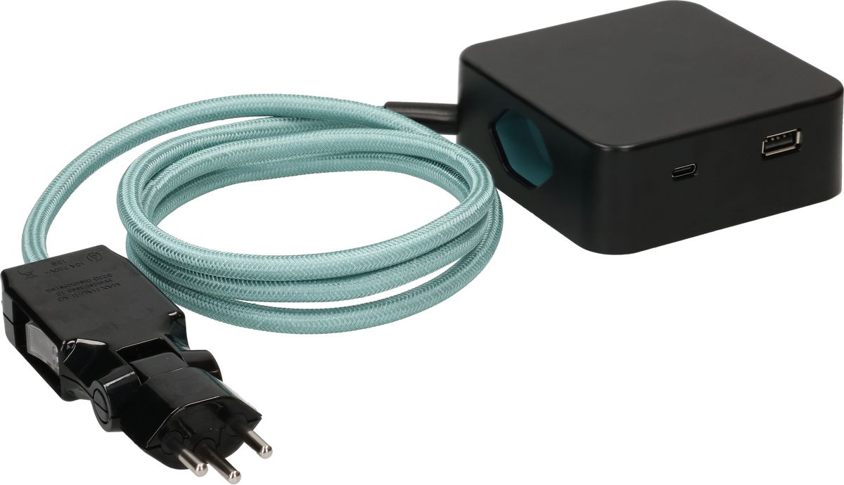 multiprise Cube 3x type 13 noir / turquoise USB 2m clip-clap