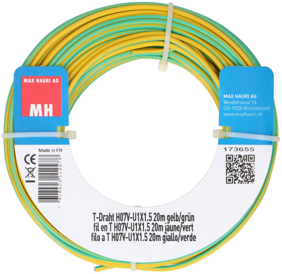 fil en T H07V-U1X1.5 20m jaune/vert