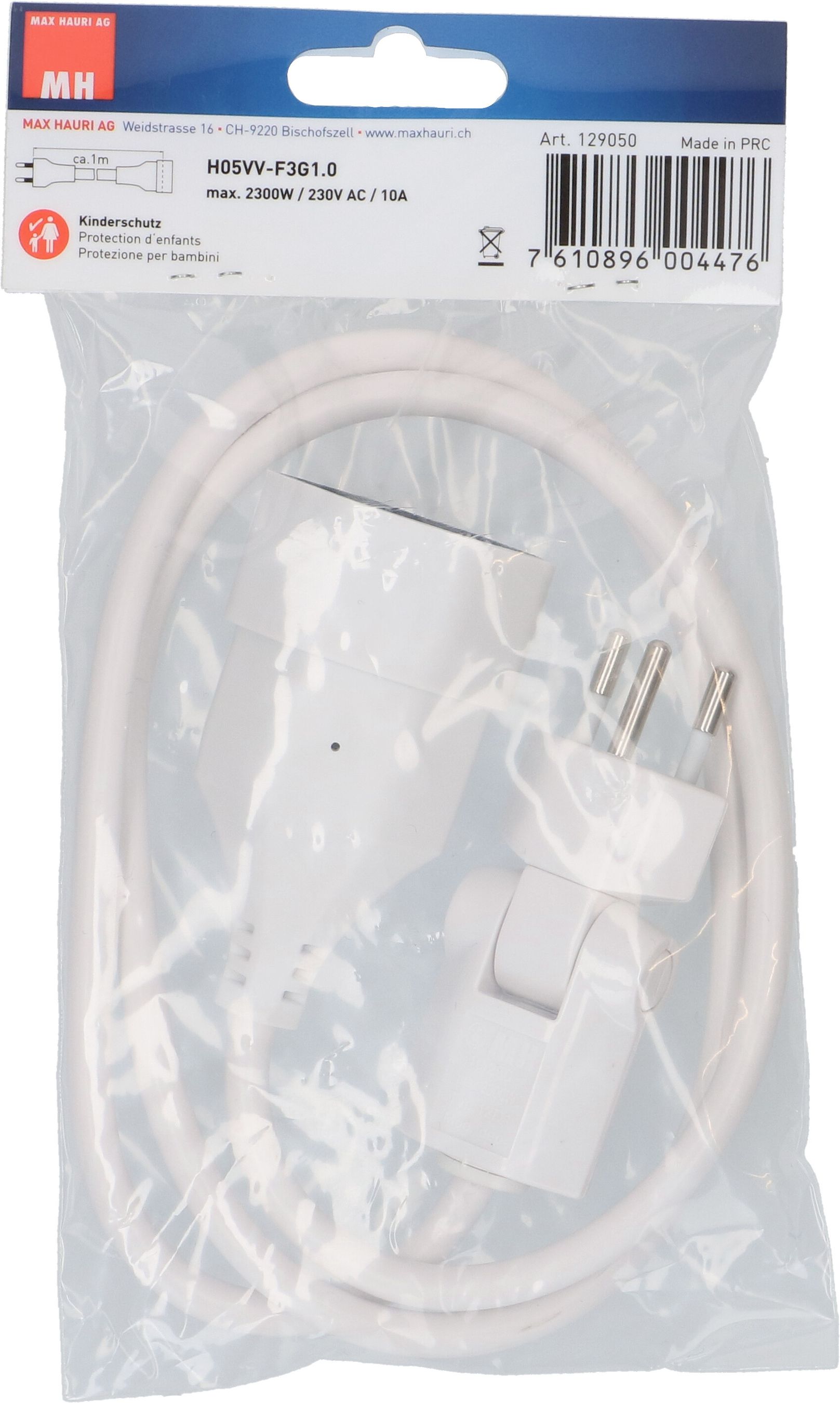 Rallonge TD H05VV-F3G1.0 1m blanc clip-clap type 12 / type 13