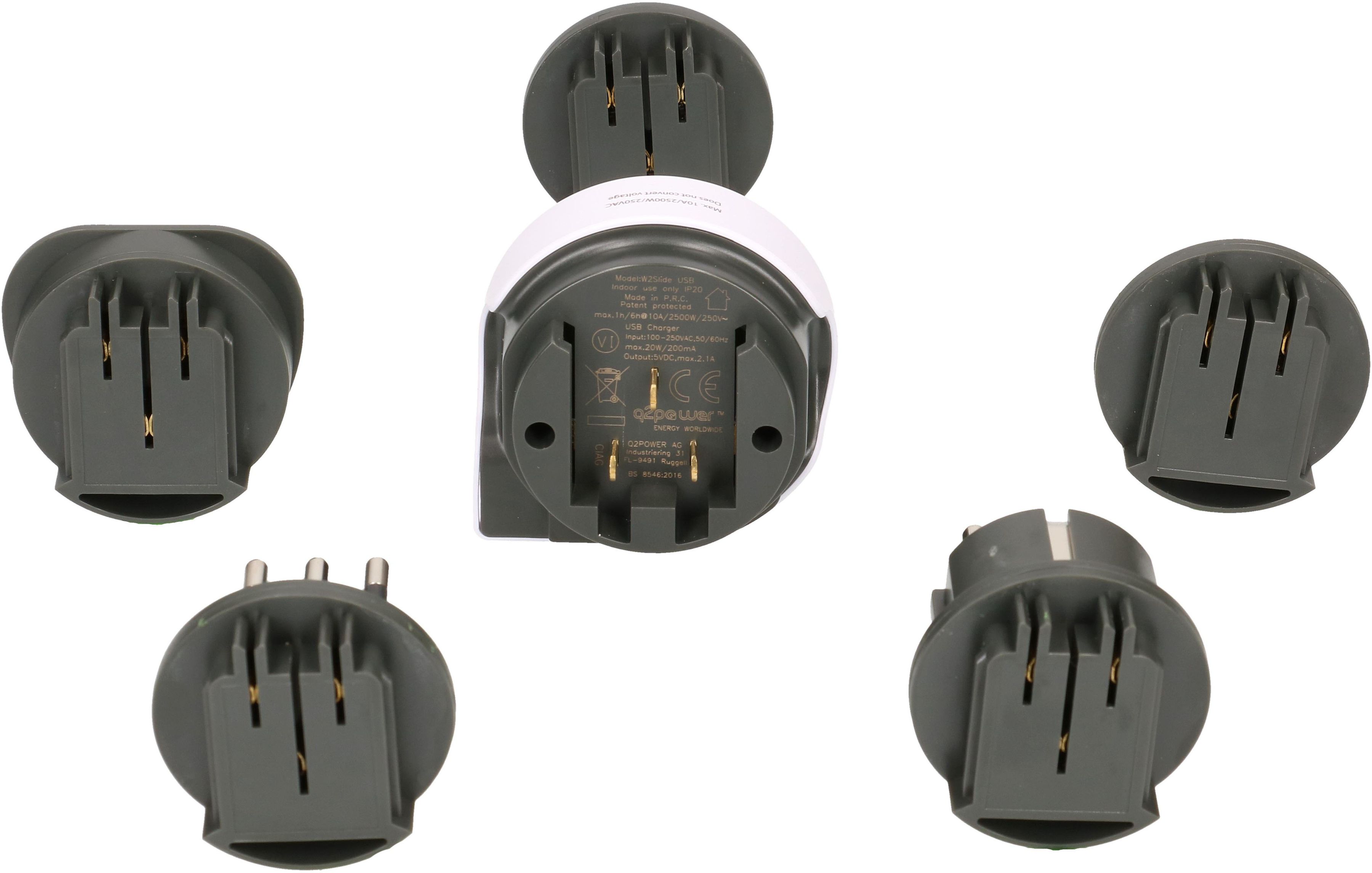 Weltreiseadapter QPlux USB Wold to CN/AUS, UK, Schuko, I, USA