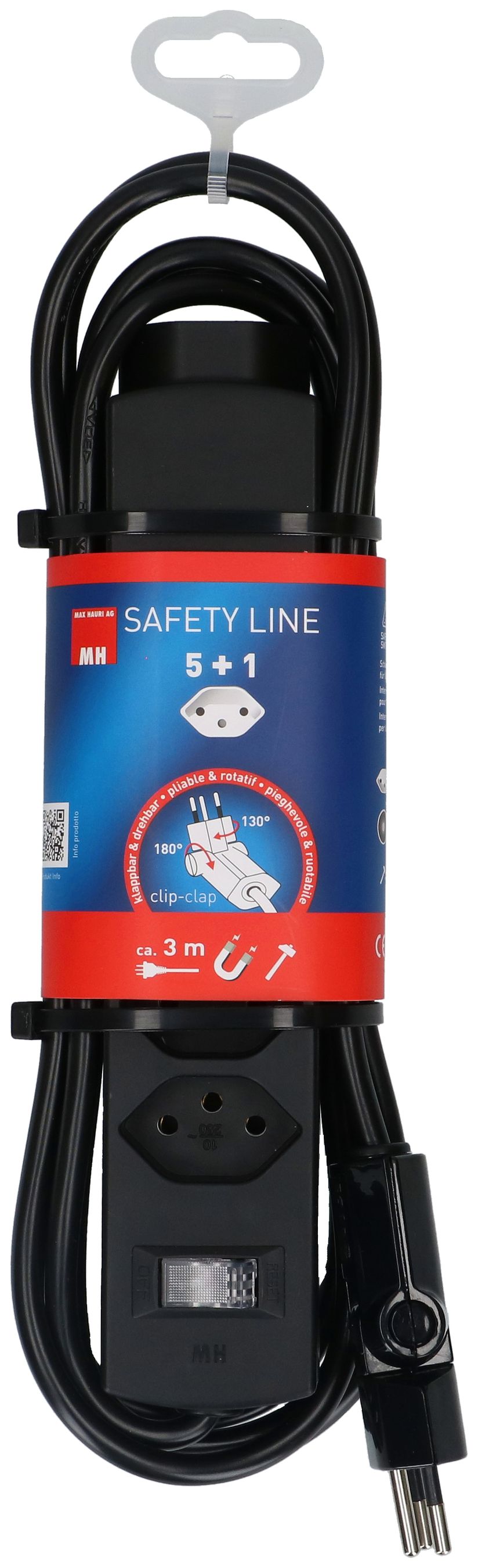 Steckdosenleiste Safety Line 5+1x Typ 13 sw Schalter 3m clip-clap
