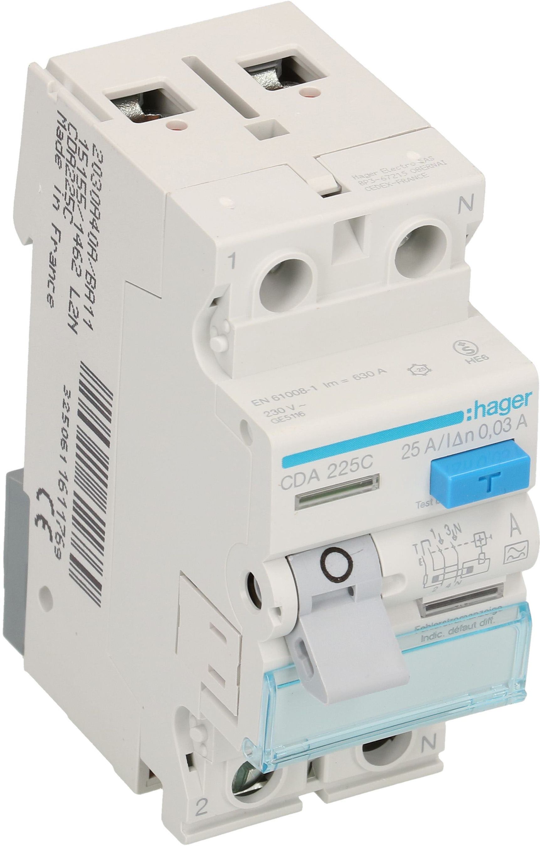 interrupteur différentiel 1P+N 25A 30mA type A 6kA