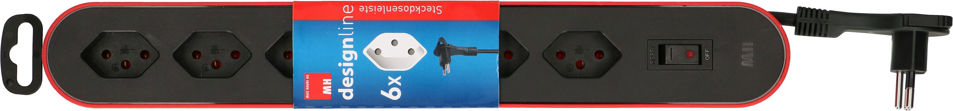 multiprise Design Line 6x type 13 rouge/noir interrupt. 2.2m plat