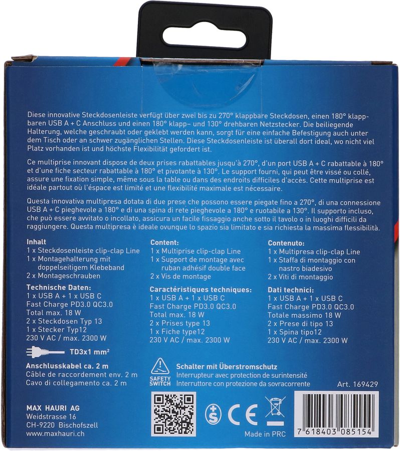 multipresa clip-clap Line 2x tipo 13 1x USB-Charger ne interr. 2m