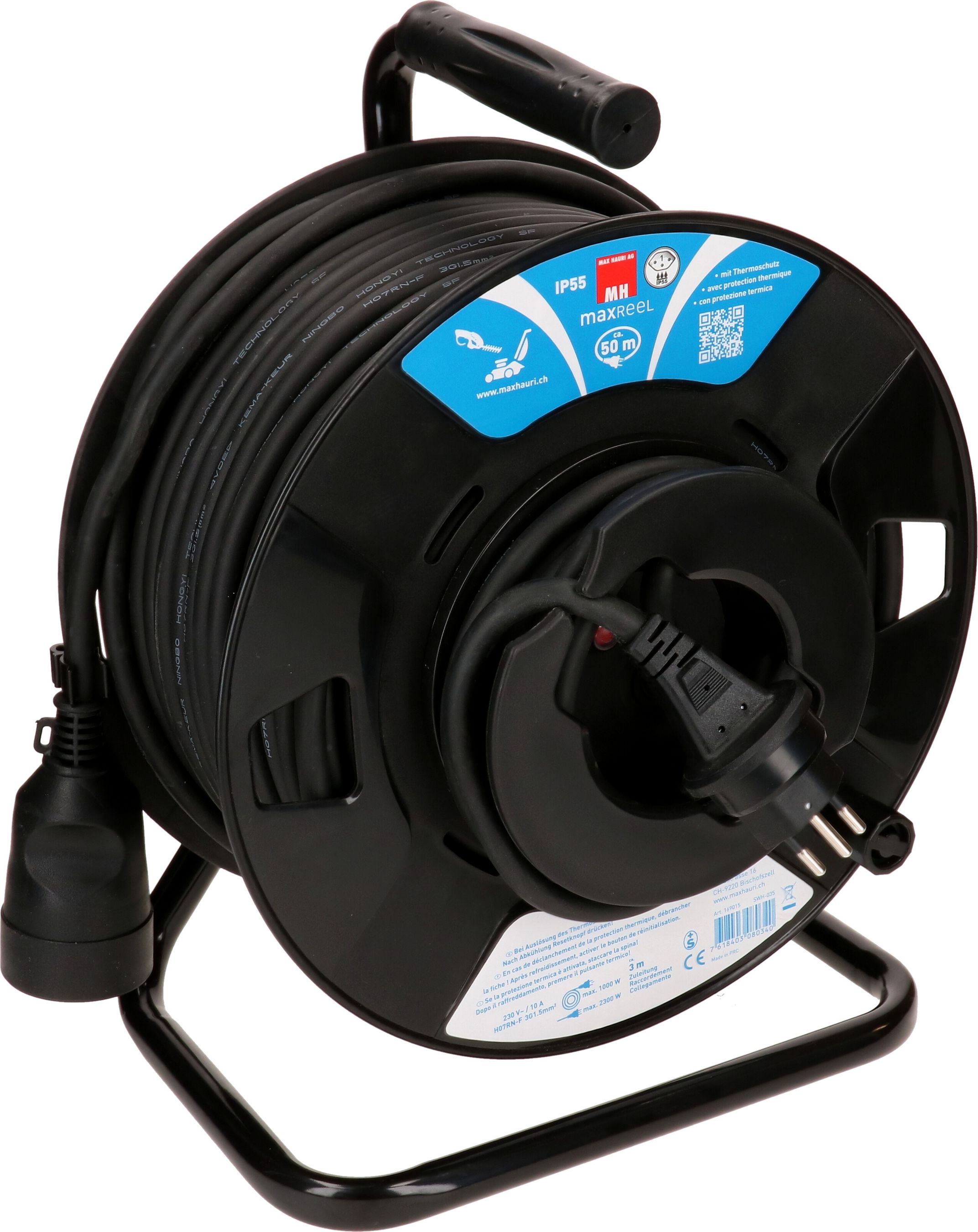 enrouleur de câble de jardin IP55 1x type 13 50m noir