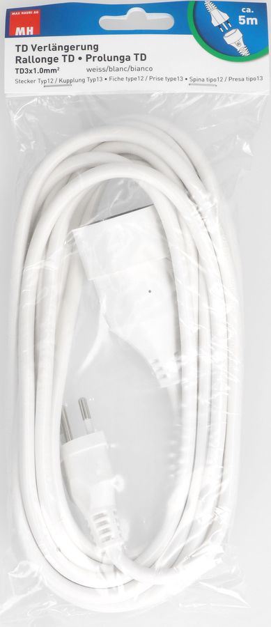 Rallonge TD H05VV-F3G1.0 5m blanc BS type 12 / type 13