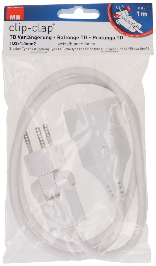 Rallonge TD H05VV-F3G1.0 1m blanc clip-clap type 12 / type 13