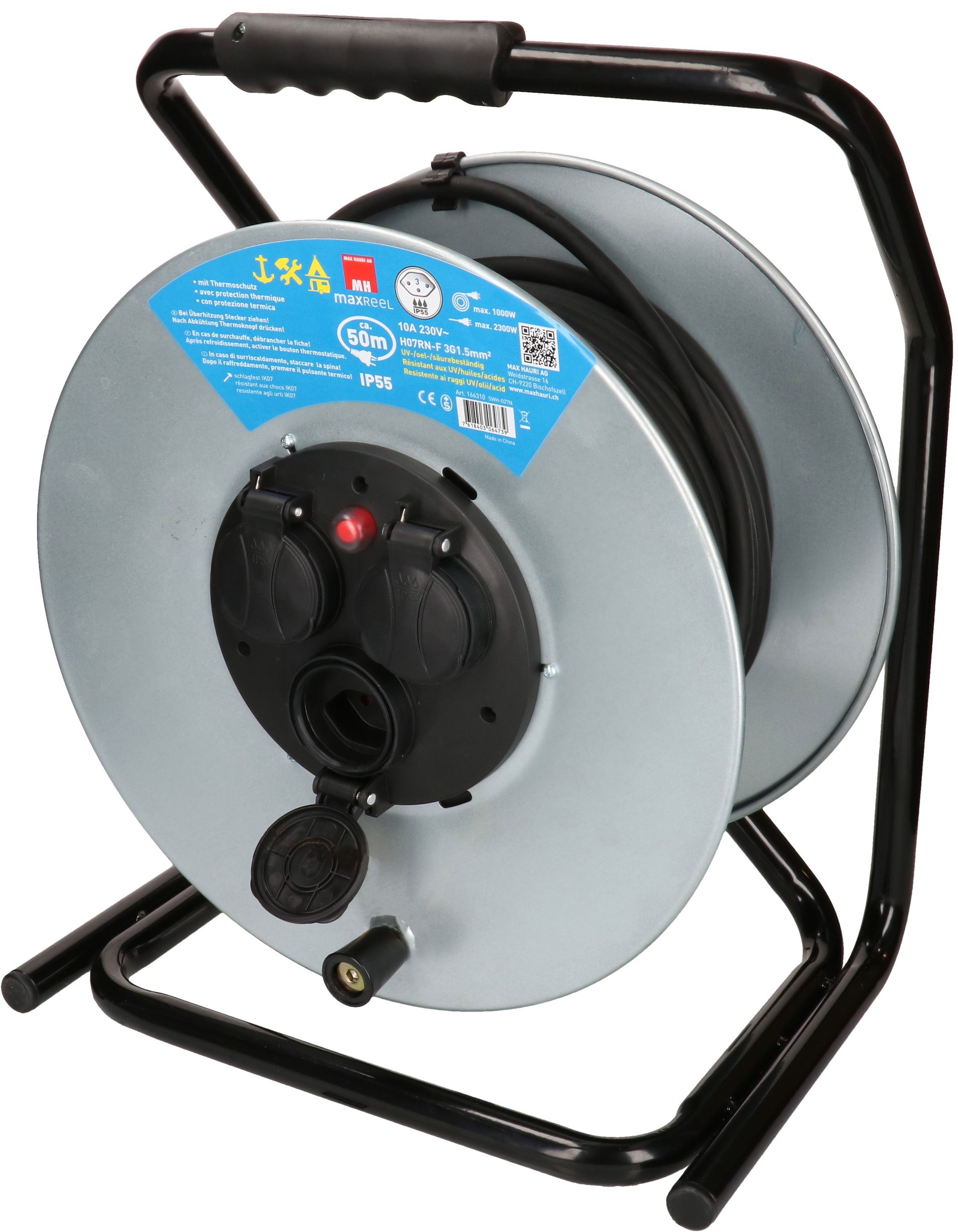 enrouleur de câble en acier IP55 3x type 13 50m noir acier