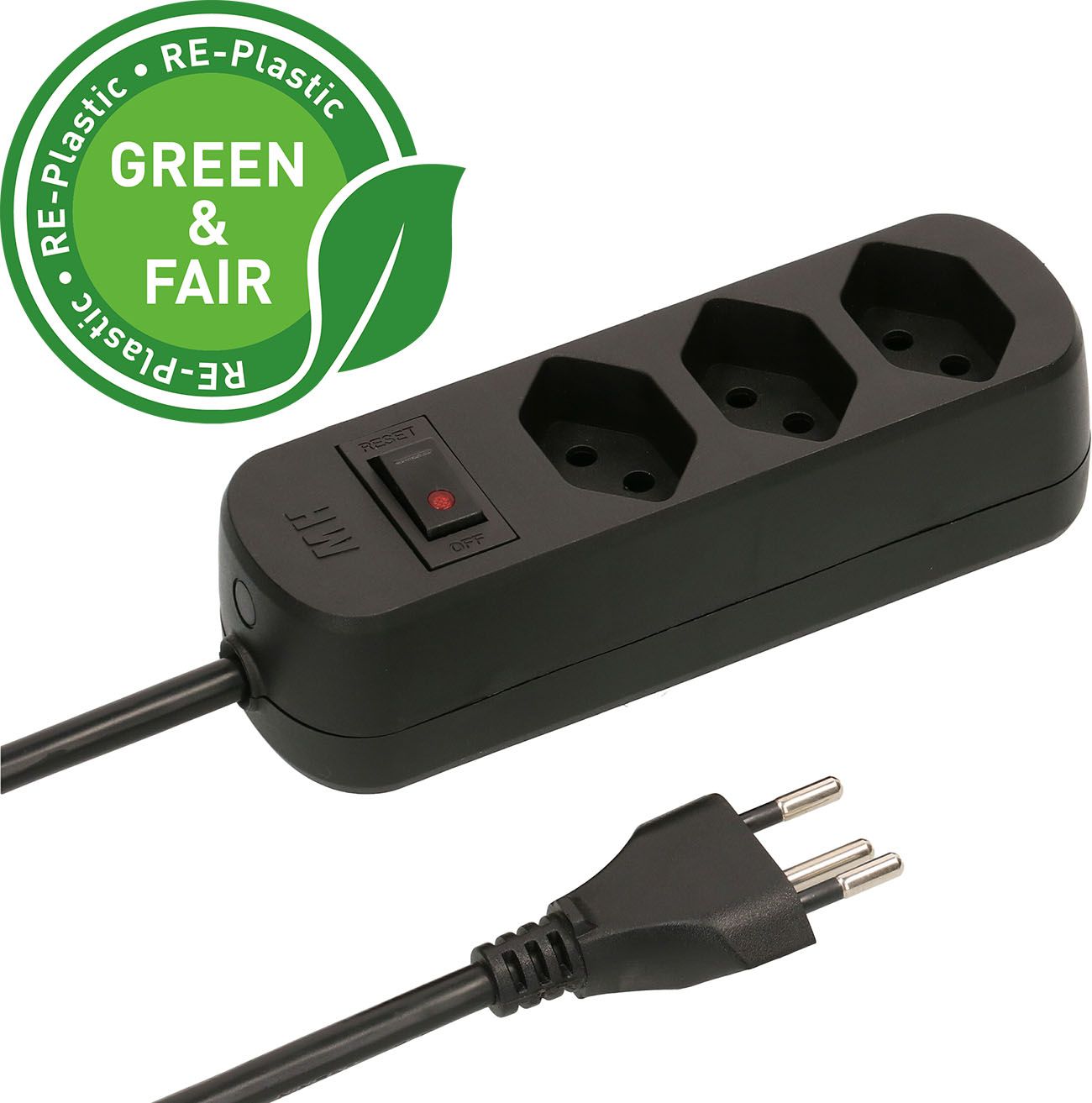 multiprise Basic Line 3x type 13 nr interrupteur 1.5m Green+Fair