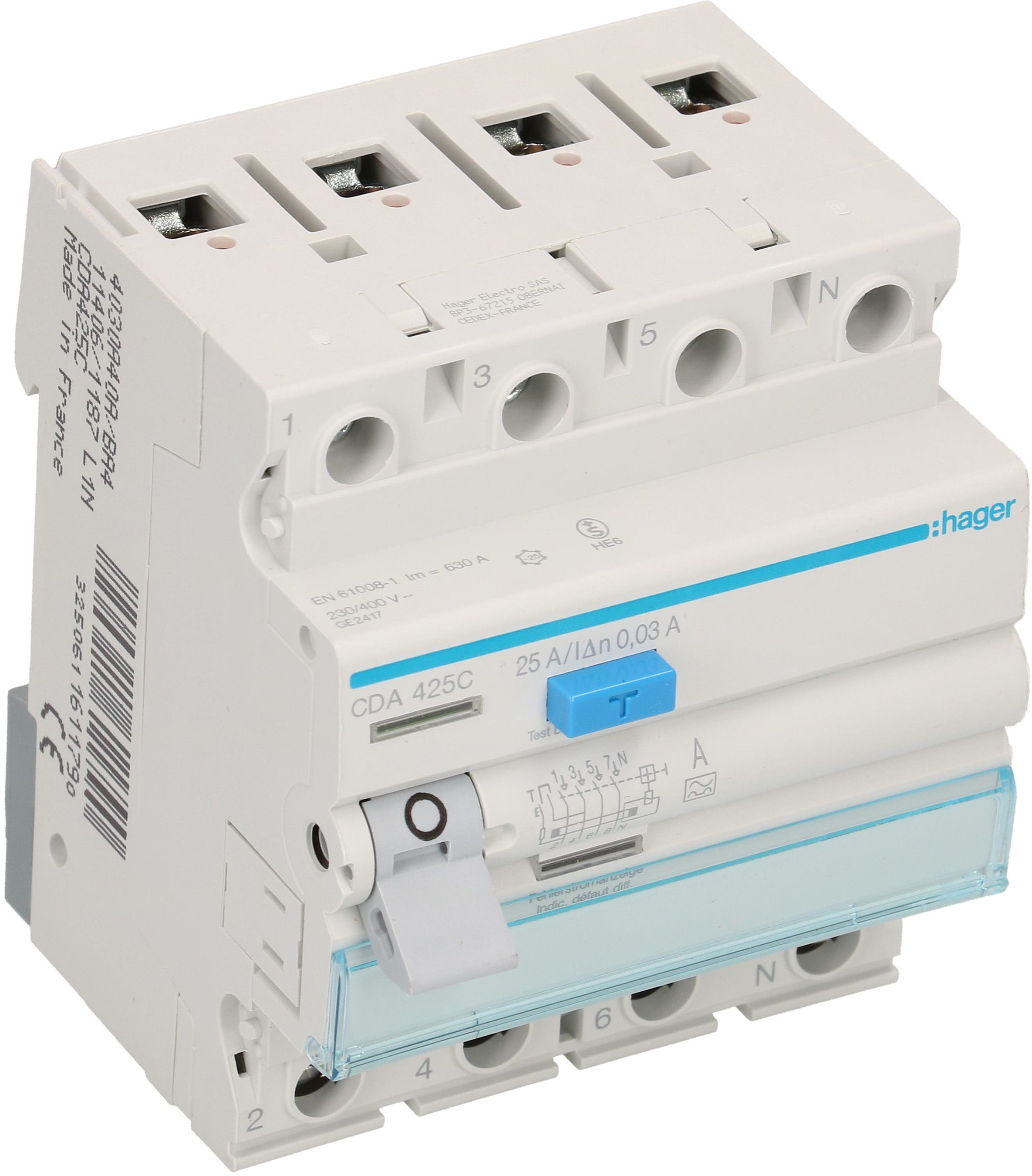 interrupteur différentiel 3P+N 25A 30mA type A 6kA