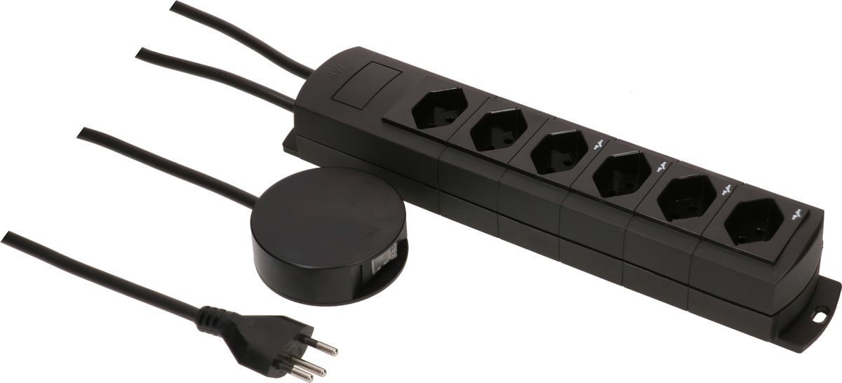 multiprise Prime Line 4+2x type 13 noir interr. ext. aimant 5m