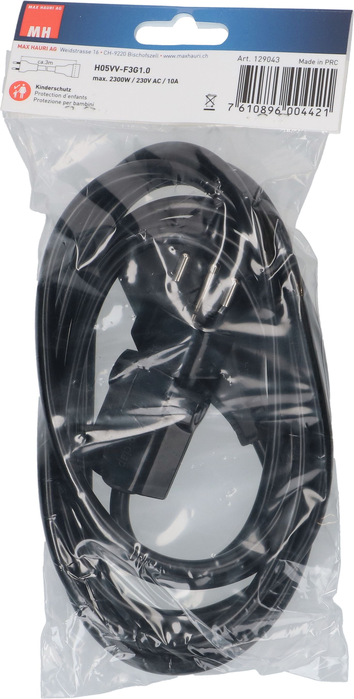 Rallonge TD H05VV-F3G1.0 3m noir clip-clap BS type 12 / type 13