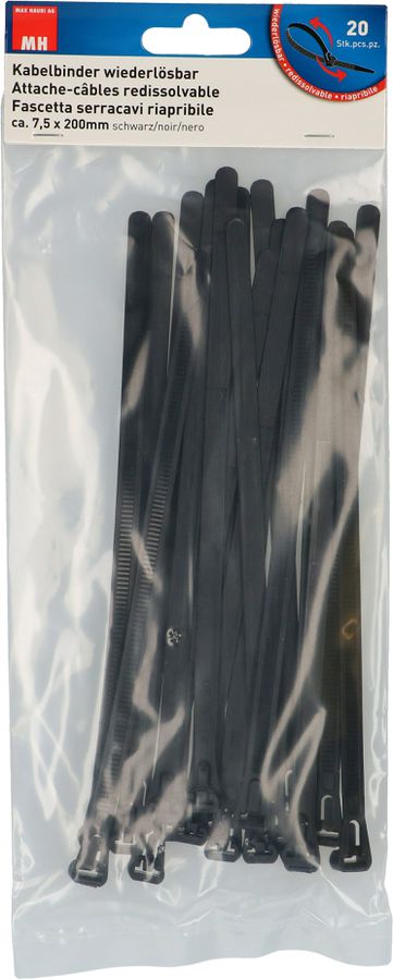 attache câbles redissolvable 7.5x200mm noir / 20 pièces
