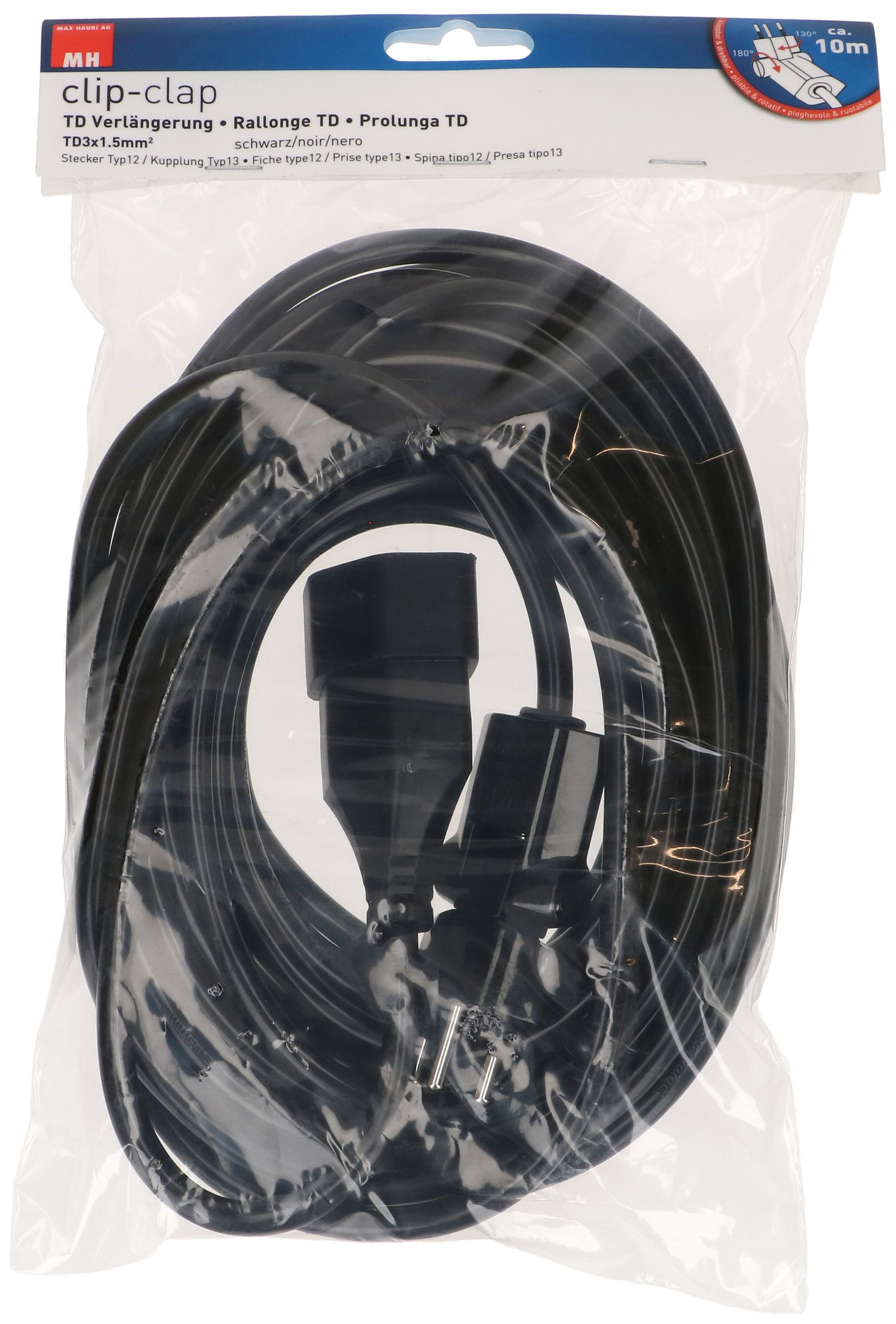 Rallonge TD H05VV-F3G1.5 10m noir clip-clap type 12/type 13