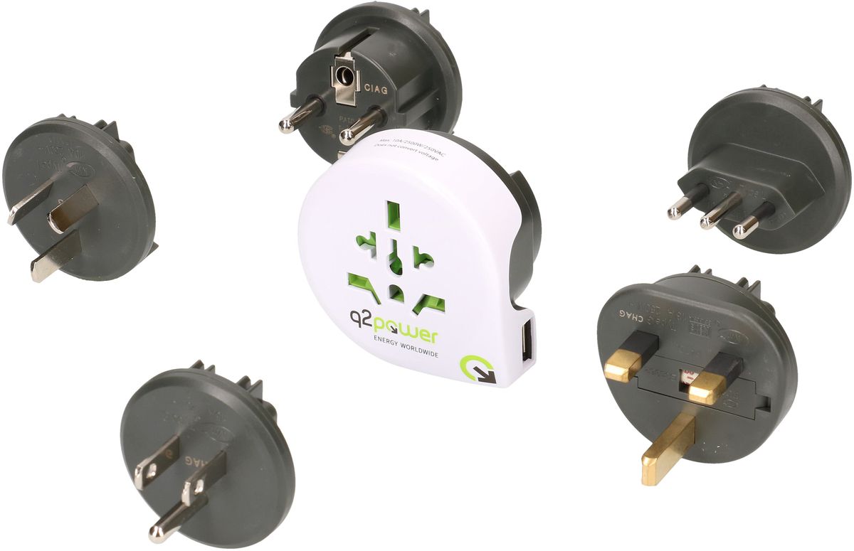 Weltreiseadapter QPlux USB Wold to CN/AUS, UK, Schuko, I, USA