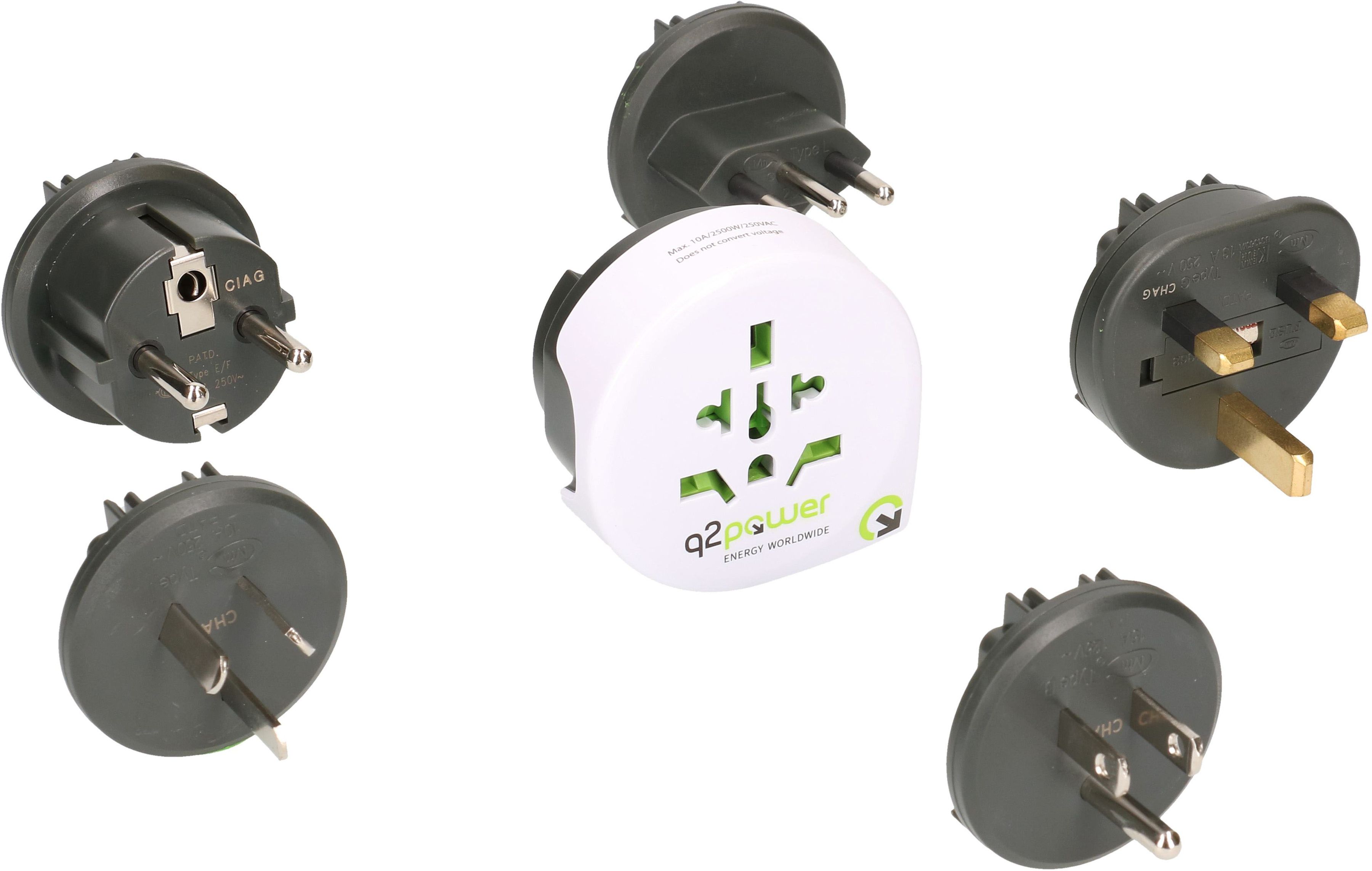Weltreiseadapter QPlux USB Wold to CN/AUS, UK, Schuko, I, USA