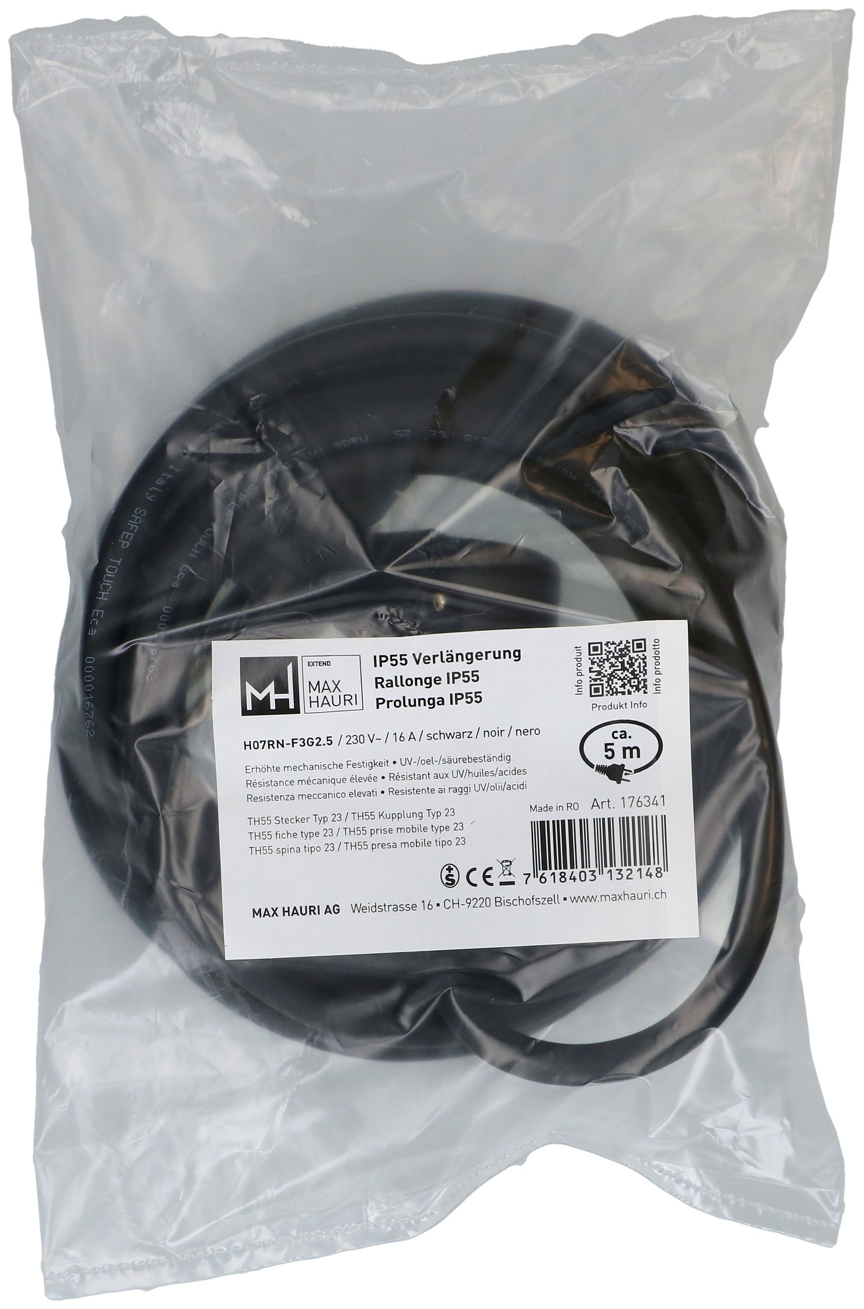 IP55 rallonge H07RN-F3G2.5 5m noir type 23 / type 23