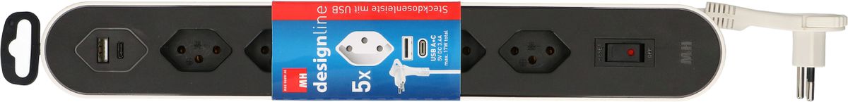 multipresa Design Line 5x tipo 13 USB A+C bi/ne interr. 2.2m pia.