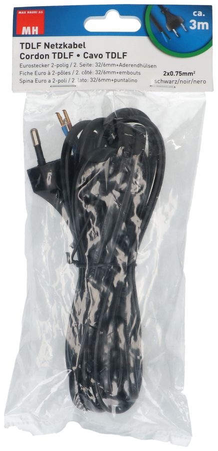 TDLF-Netzkabel H03VVH2-F2X0.75 3m schwarz T26
