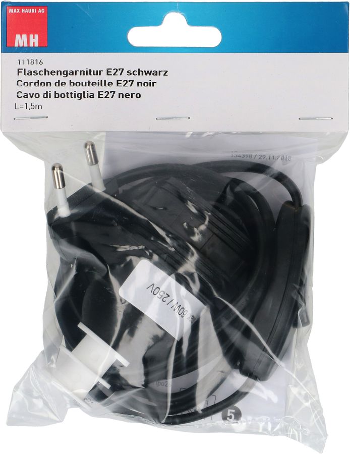 cordon de bouteille E27 noir L=1.5m