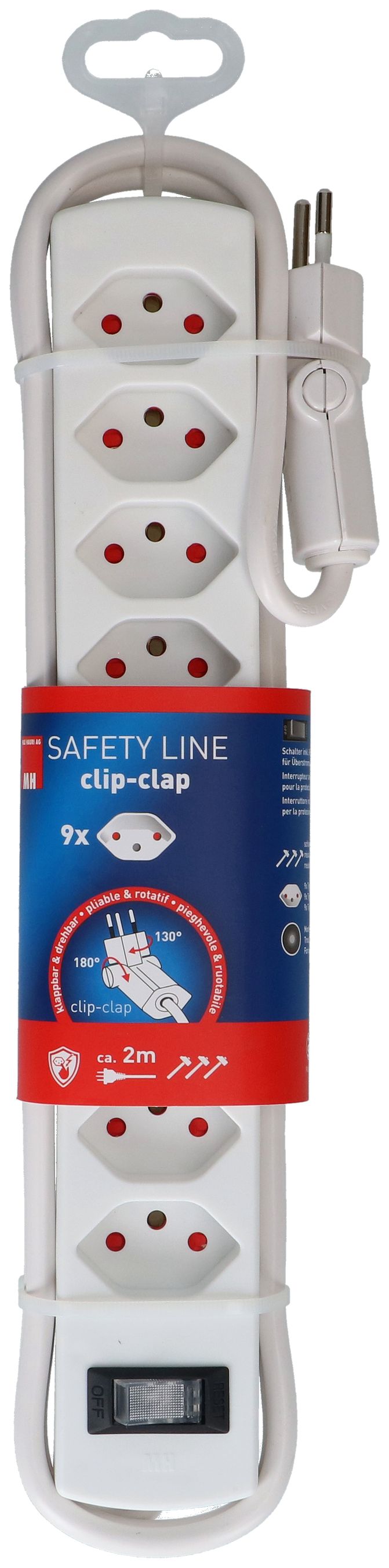 multiprise Safety Line 9x type 13 BS blanc interrupteur 2m cli.