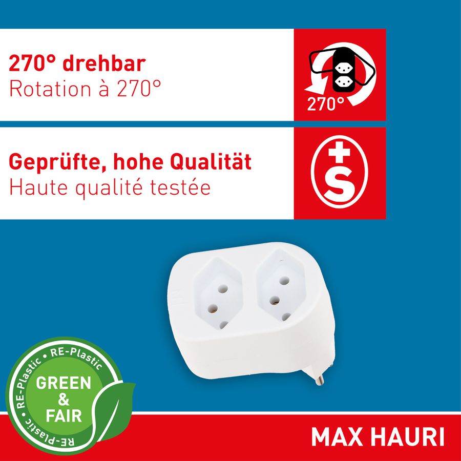 multi adaptateur ADAPT 2x type 13 blanc rotatif Green+Fair