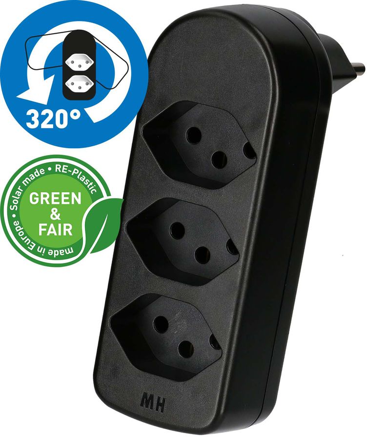 multi adaptateur ADAPT 3x type 13 noir rotatif Green+Fair