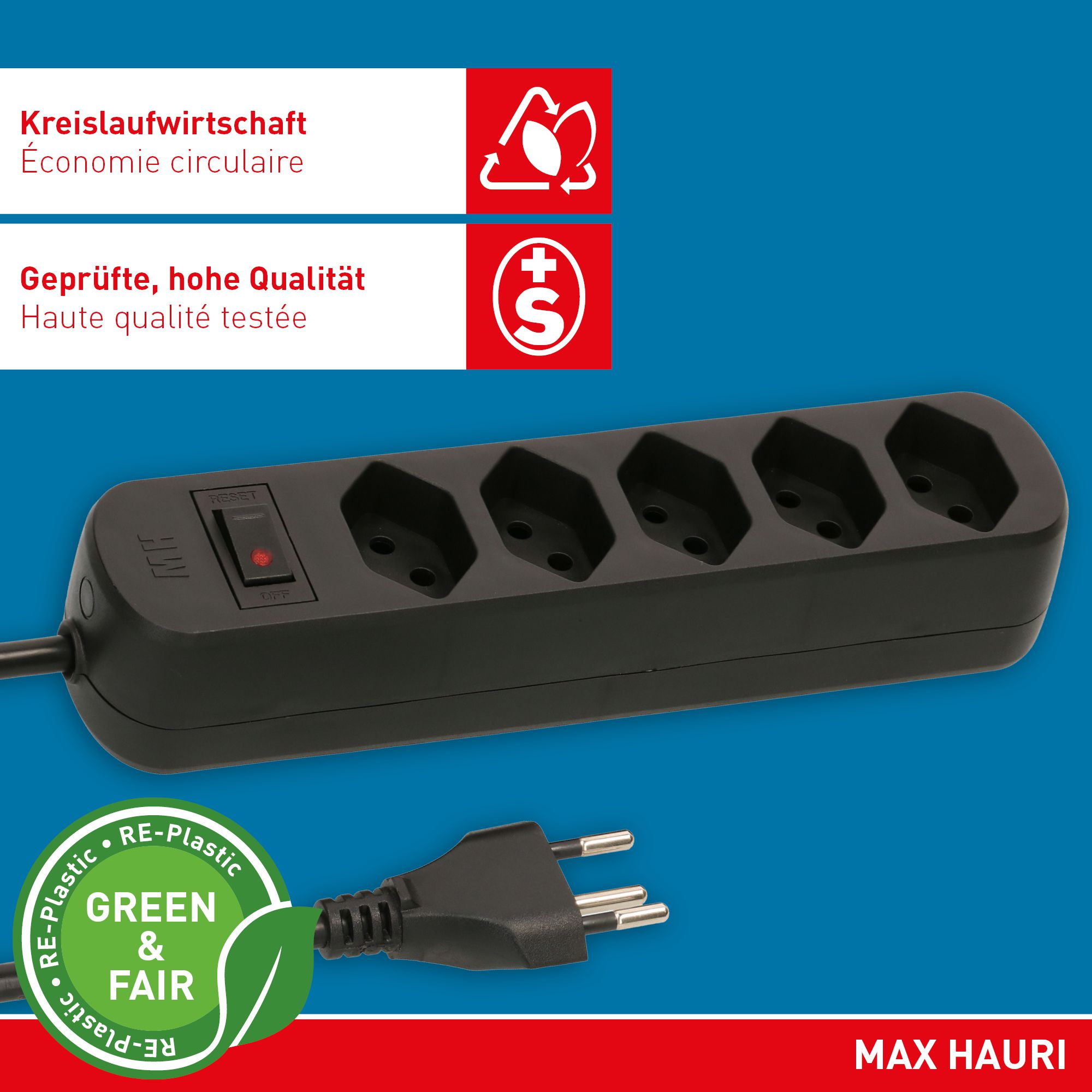 multiprise Basic Line 5x type 13 nr interrupteur 1.5m Green+Fair