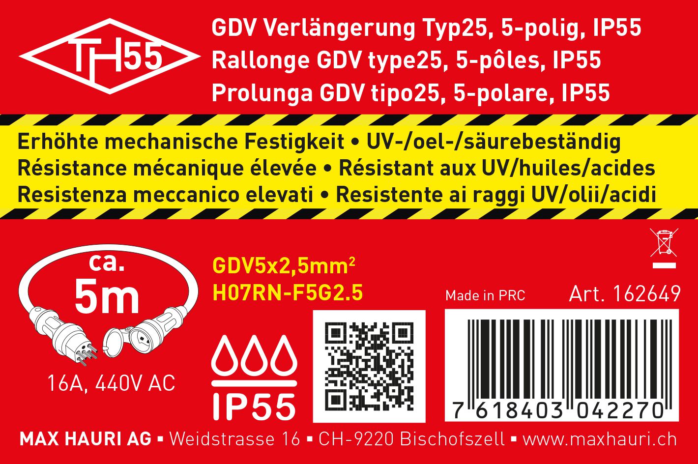 IP55 rallonge GDV H07RN-F5G2.5 5m noir type 25 / type 25