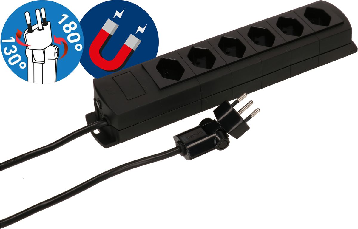 multiprise Prime Line 6x type 13 noir aimant 3m clip-clap