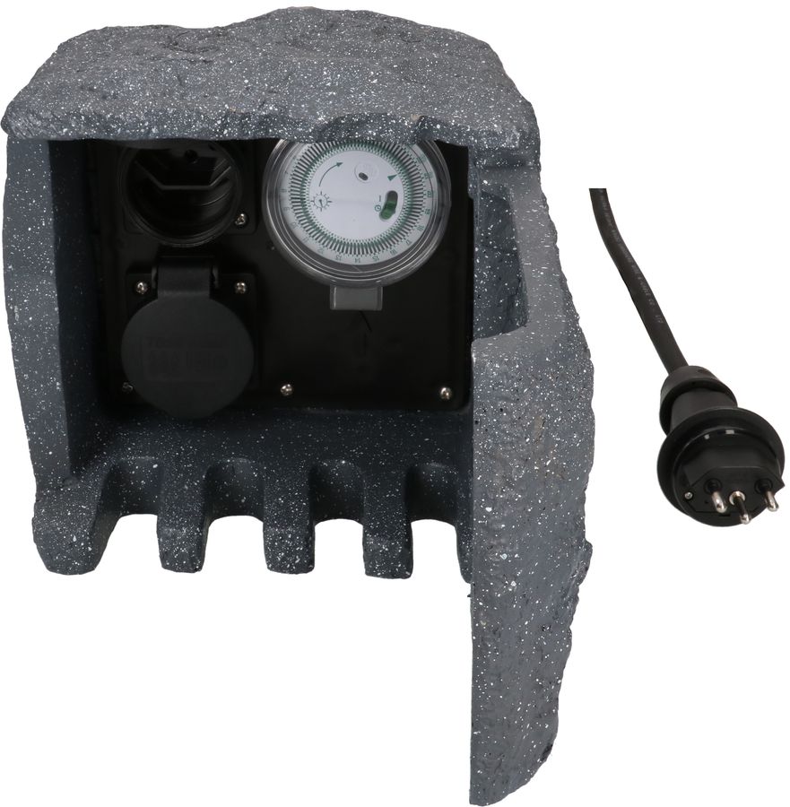 prises de jardin 2x type 13 IP55 prog. horaire aspect pierre gris