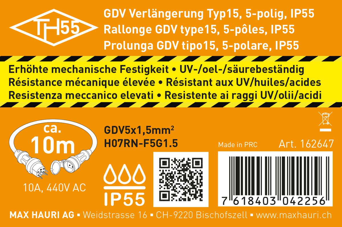 IP55 rallonge GDV H07RN-F5G1.5 10m noir type 15 / type 15
