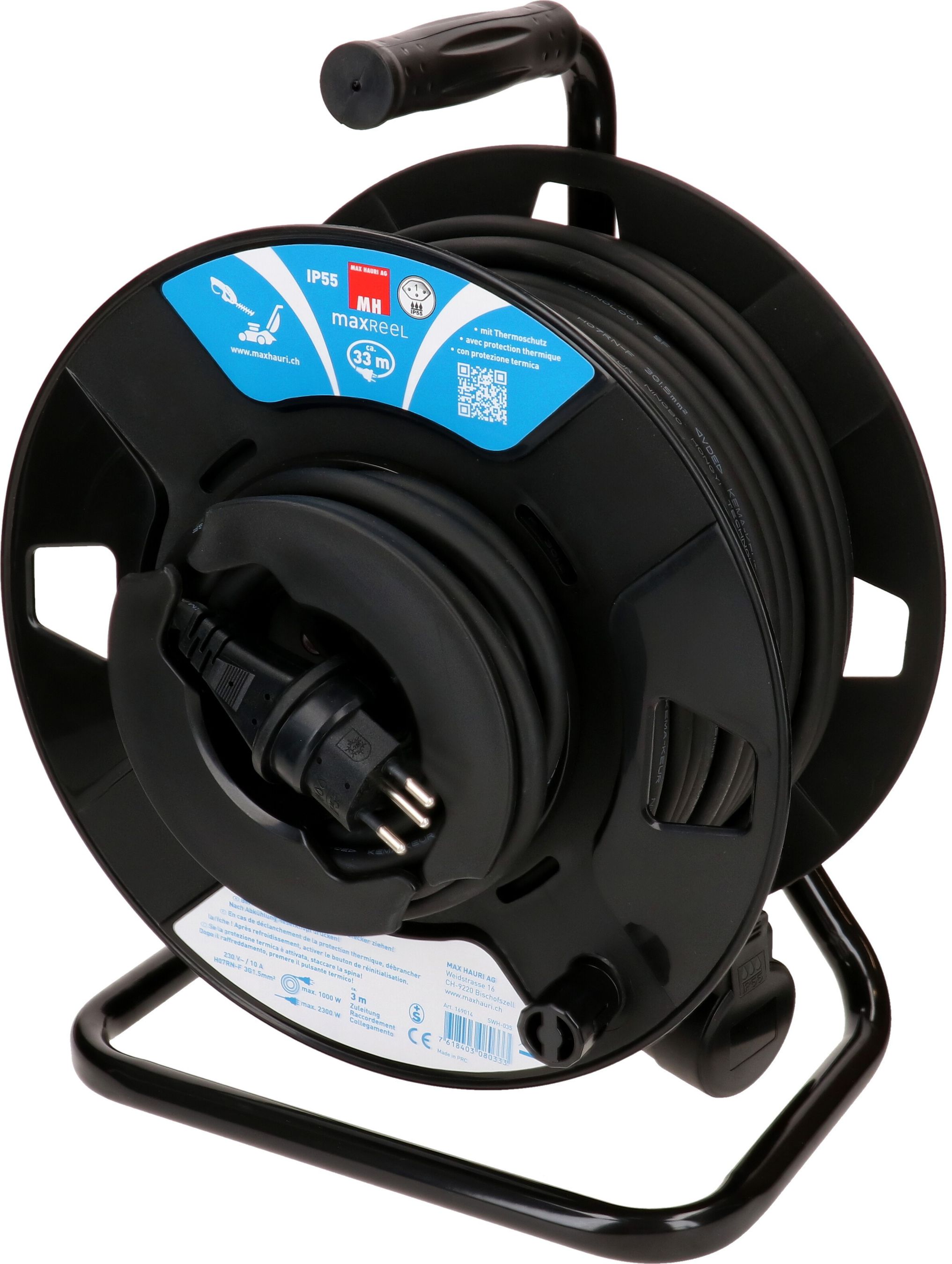 enrouleur de câble de jardin IP55 1x type 13 33m noir