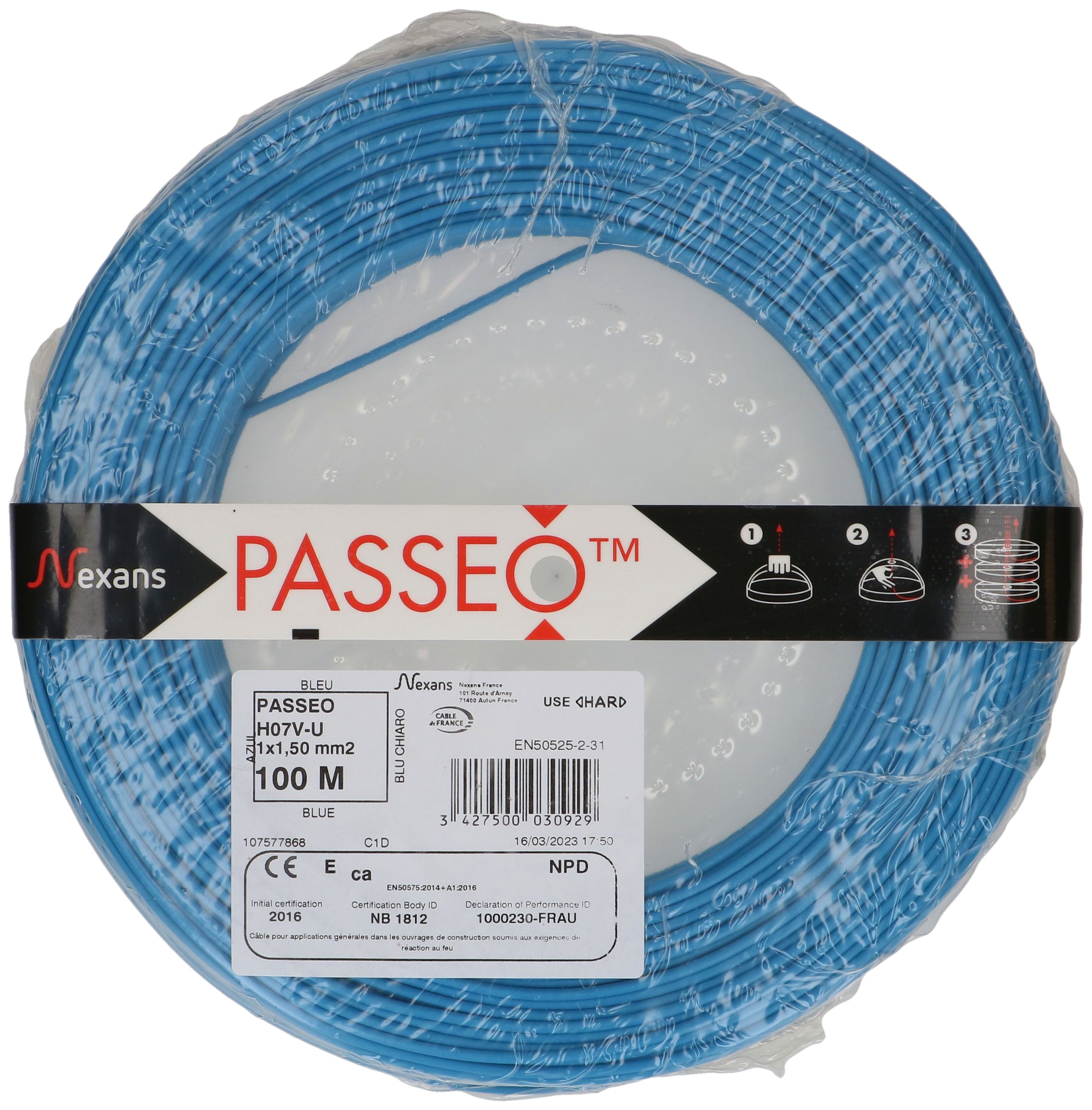 fil en T H07V-U1X1.5 100m bleu clair