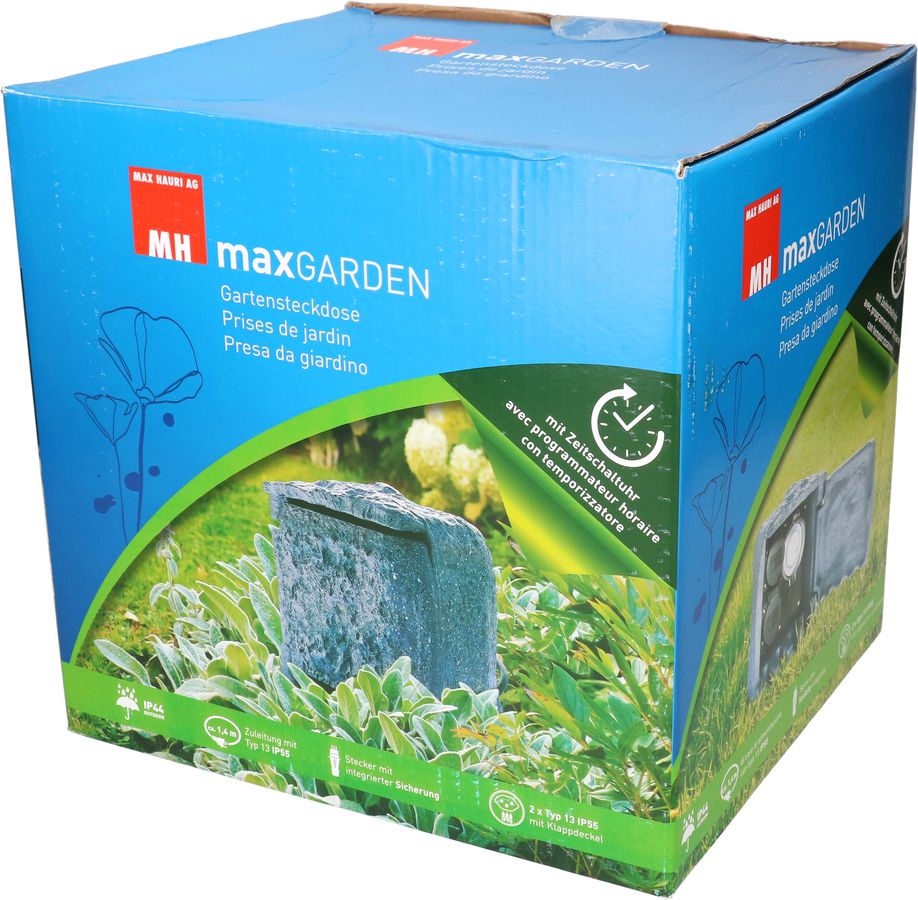 prises de jardin 2x type 13 IP55 prog. horaire aspect pierre gris