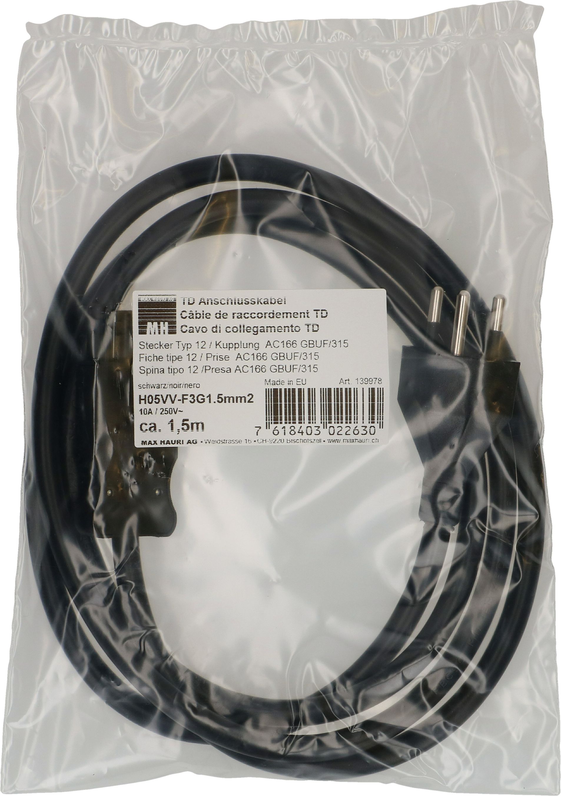 câble de raccordement TD H05VV-F3G1.5 1.5m noir type 12 / AC 166