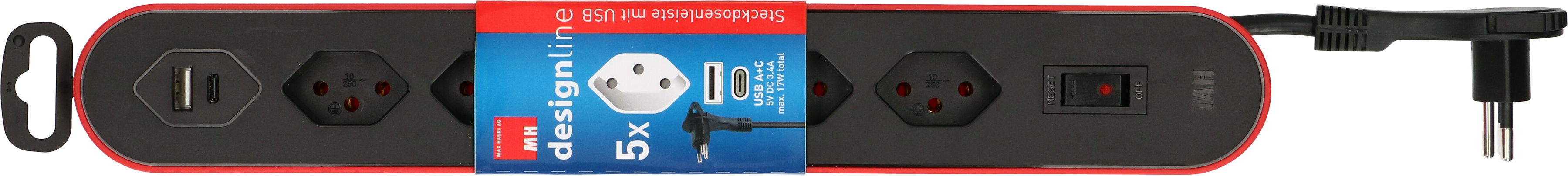multipresa Design Line 5x tipo 13 USB A+C ro/ne interr. 2.2m pia.