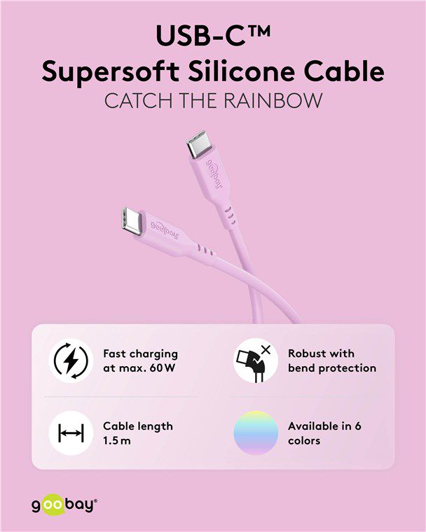 câble de recharge USB-C silicone 1.5m rose