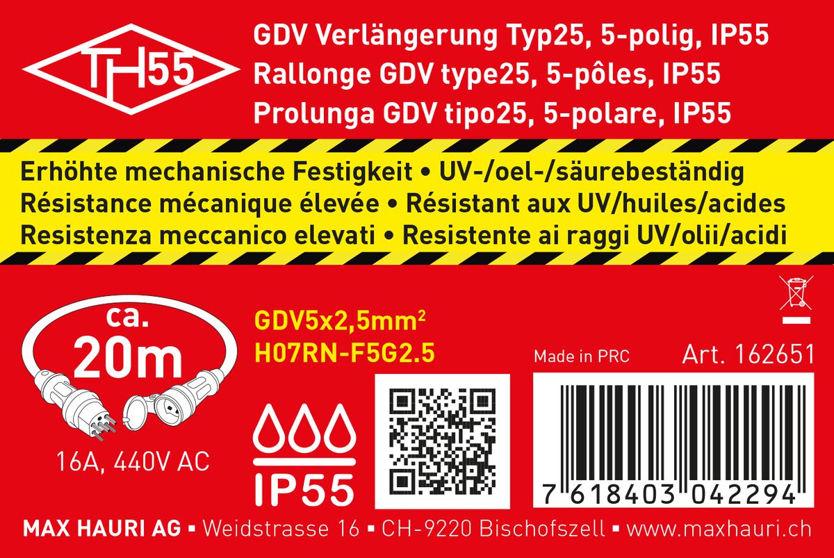 IP55 rallonge GDV H07RN-F5G2.5 20m noir type 25 / type 25