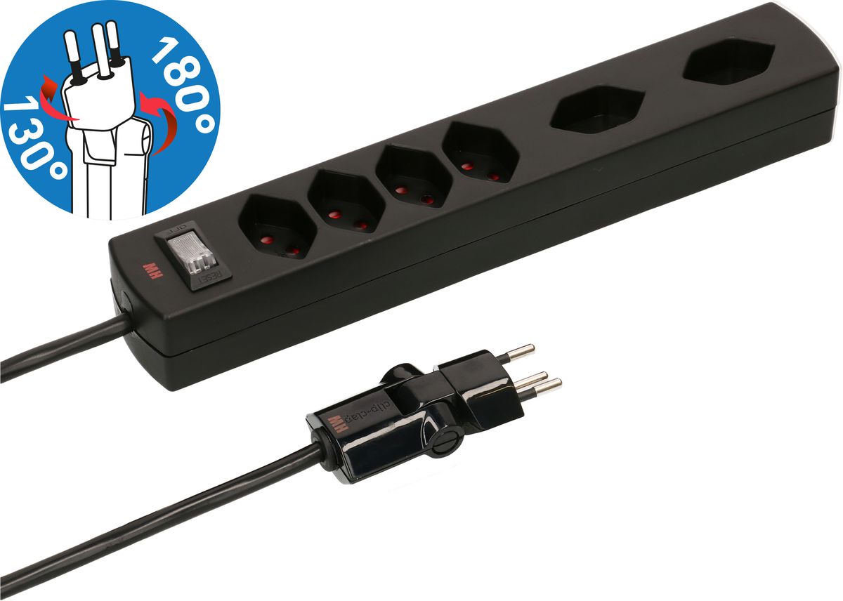 multiprise Safety Line 6x type 13 2x 90° BS noir interr. 2m cli.